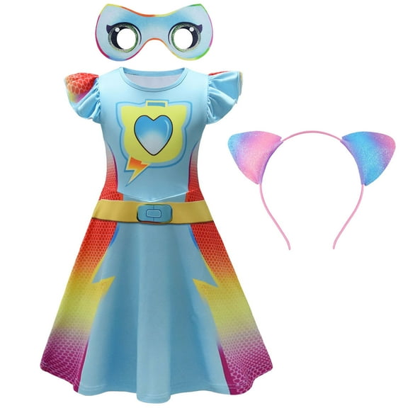 Girls Superhero Cat Costume Dress Cat Ears Headbands and Mask, Size for 3-4