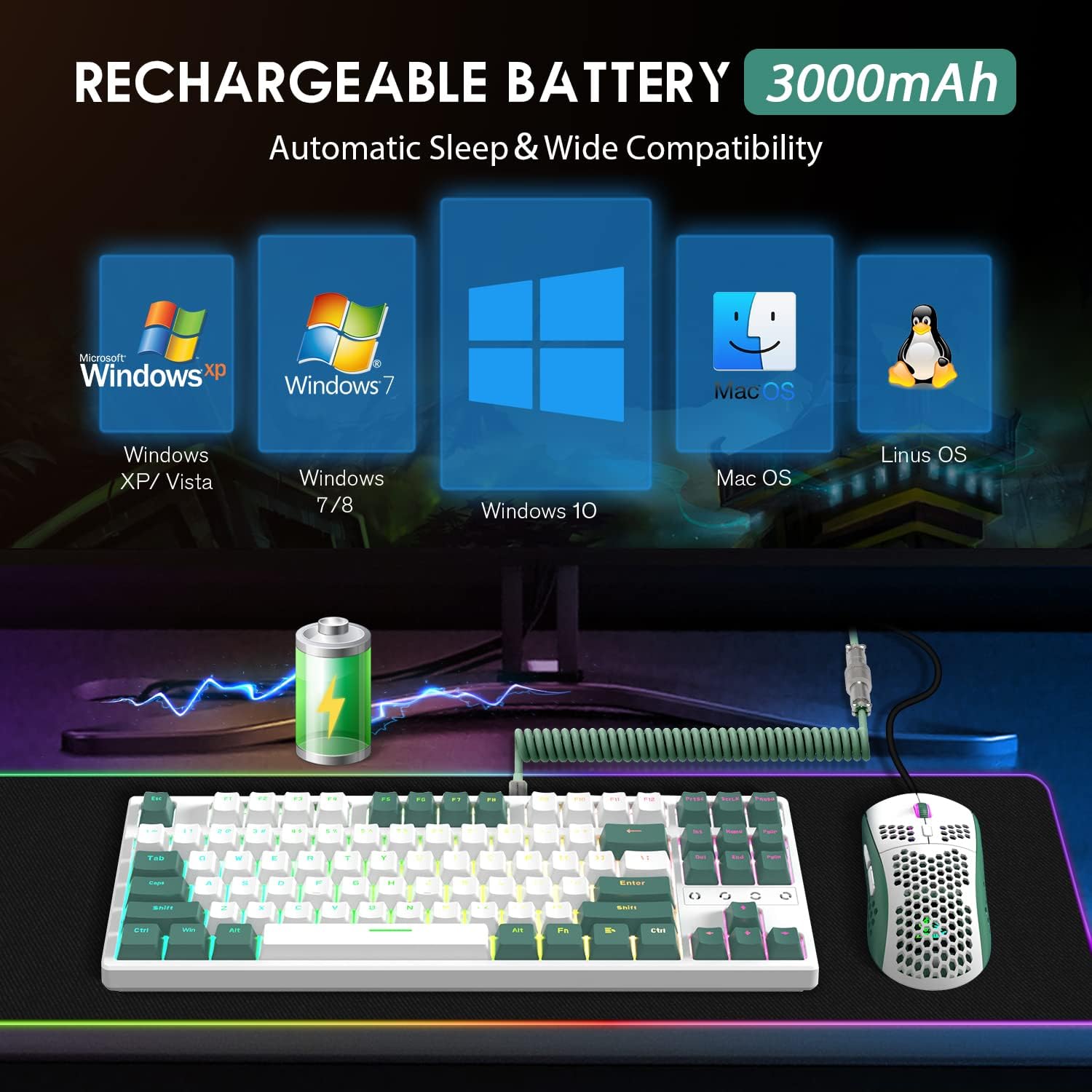 Attack Shark Gaming Keyboard 2.4G/BT5.0/USB-C Cable,Hot-swap Tactile Switch,RGB,3000mAh for PC