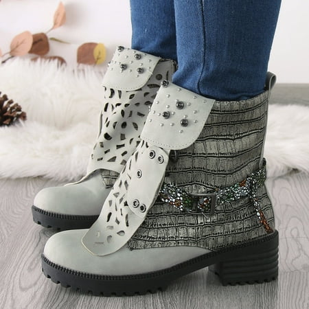 

FZM Women shoes Womens Boots Vintage Hollow Out Carved Lace Up Side Zipper Buckle Decoration Short Booties