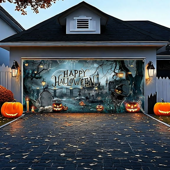 HOARBOEG Spooky Halloween Garage Door Cover Decor, 6x16 Ft Scary Pumpkin & Grave Hanging Tapestry for Outdoor Party, , Photo Backdrop, Horror Decoration