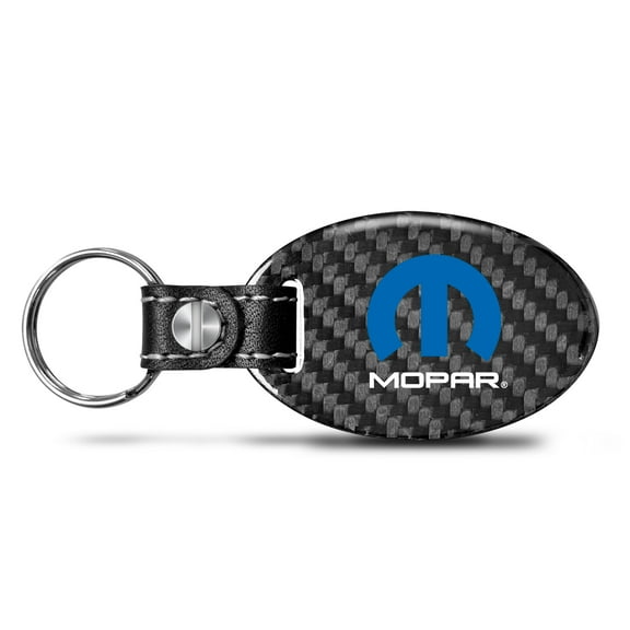 Mopar Real Carbon Fiber Large Oval Shape with Black Leather Strap Key Chain