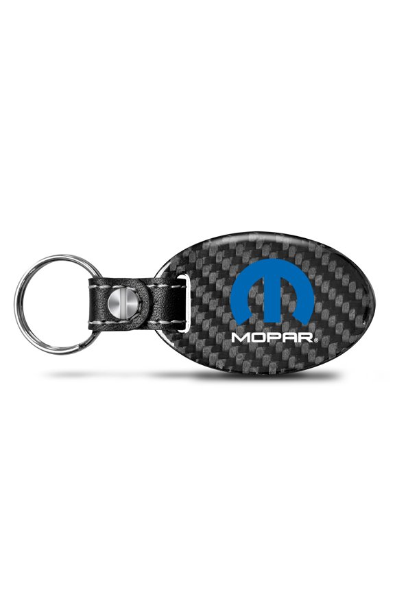 Mopar Real Carbon Fiber Large Oval Shape with Black Leather Strap Key Chain