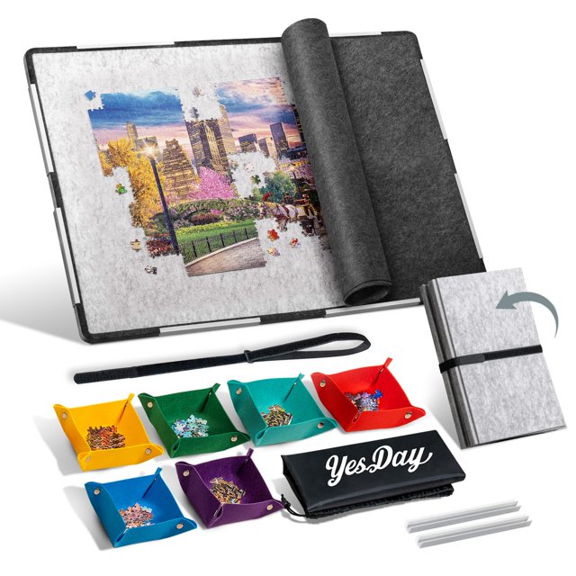 Yesday Lightweight Felt Jigsaw Puzzle Playing Board, Foldable Puzzle Playing Mat with Non-Slip Surface & 6 Sorting Trays, Portable Puzzle Pad Jigsaw Saver for Adults (Up