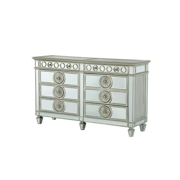 Dresser with Mirror Front 8 Drawers and Sunburst Motifs, Silver
