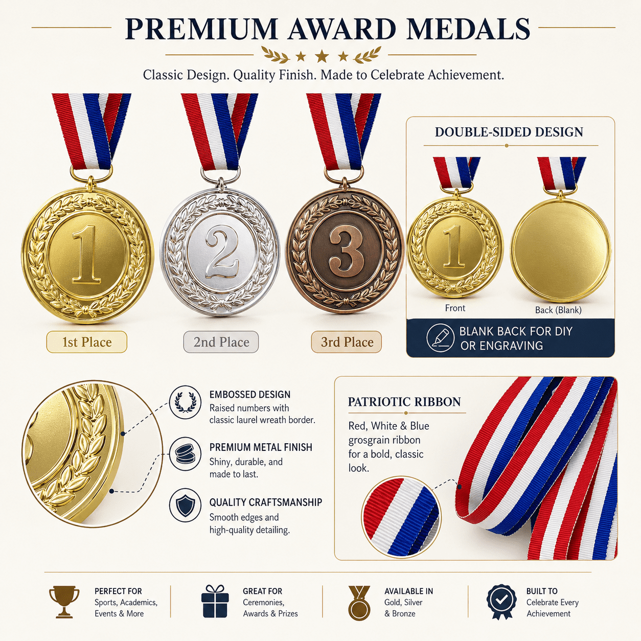 Gold Silver Bronze Award Medals, 1st 2nd 3rd Award Medals Metal Winner Medals Prizes for Sports, Competitions, Olympic Style 2 Inches 24 Pieces