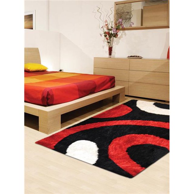 Tapis Rectangulaire Géométrique en Polyester Tufté à la Main 4 x 6 Pieds, Noir et Rouge