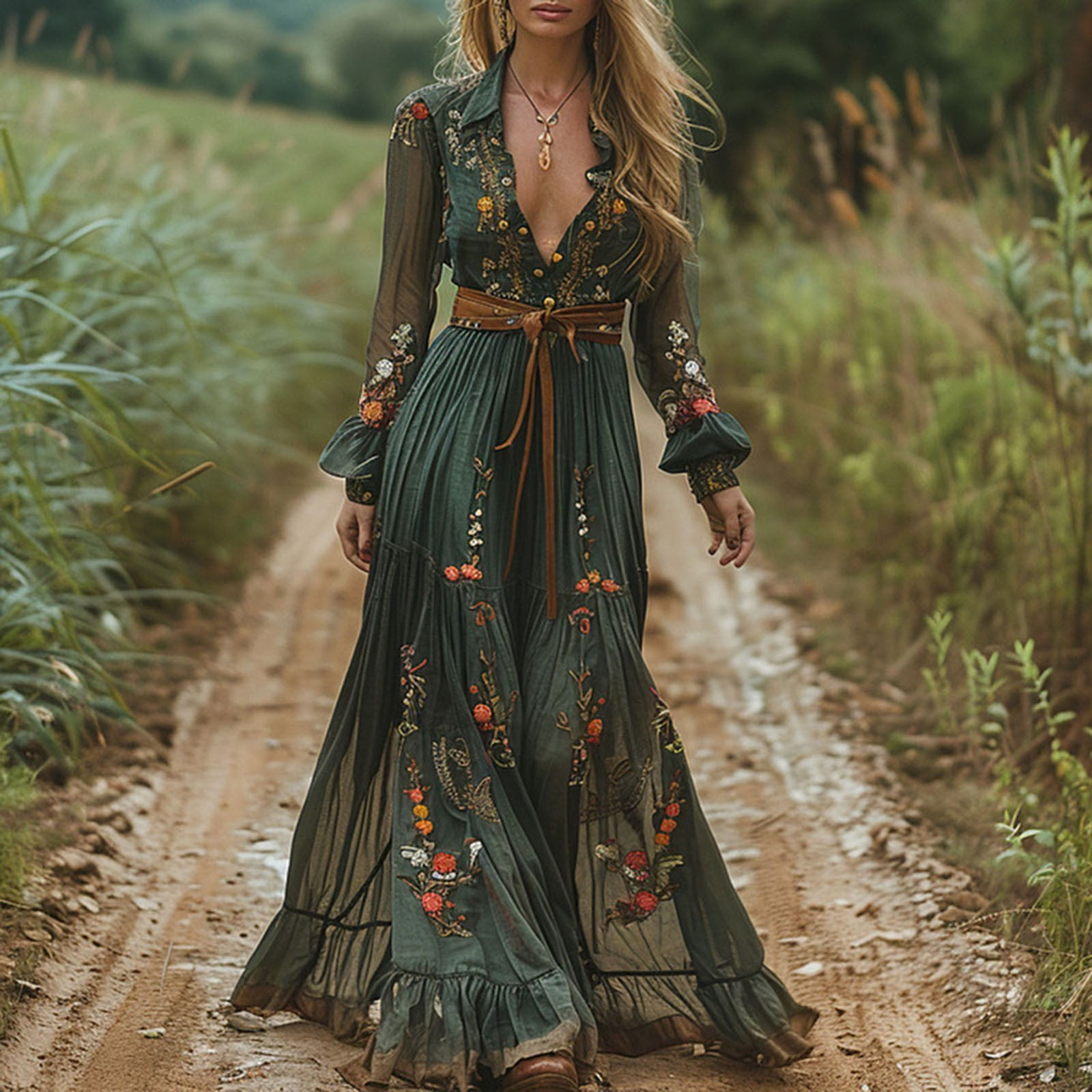 HSHMT Skirt Suits for Women Women's Vintage er Long Dress Sexy V Neck Long Sleeve Fall Casual Maxi Dress