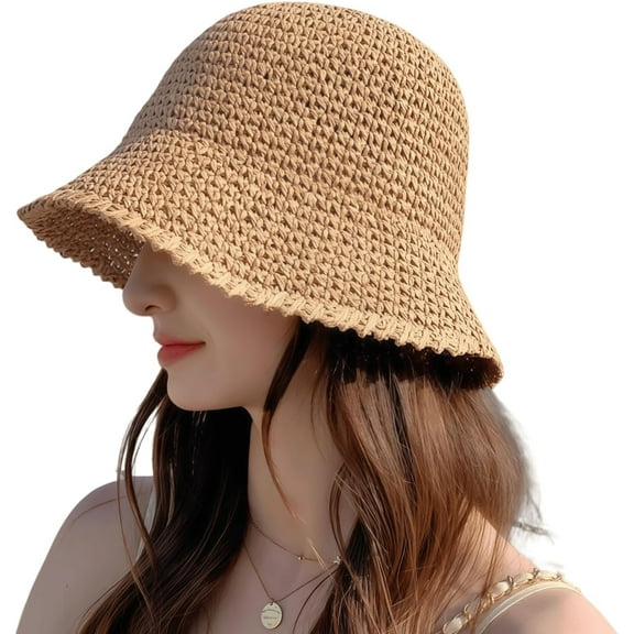 Women's Summer Straw Panama Hat Wide Brim Foldable Beach Sun Hat Breathable Sun Cap