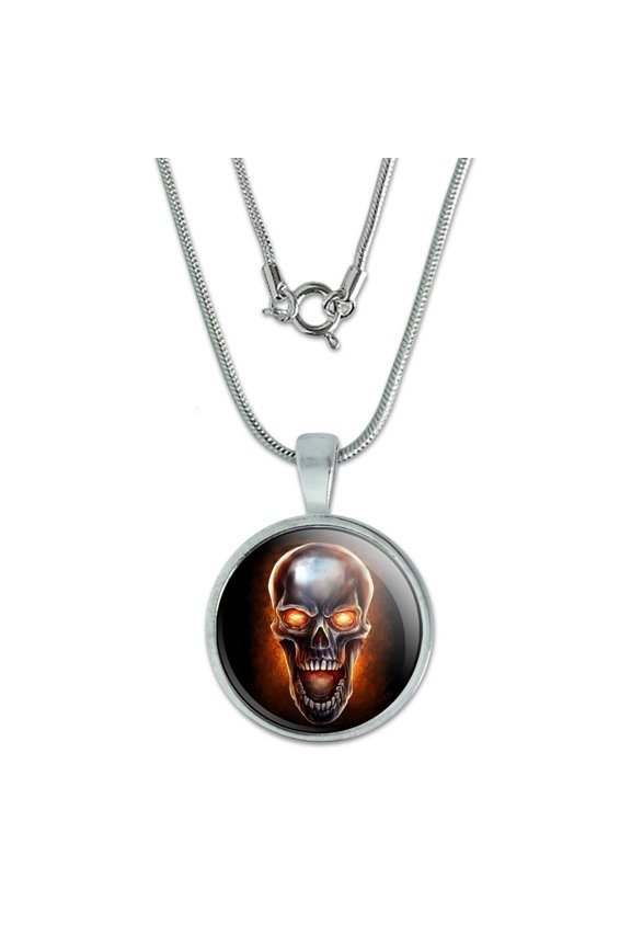 Chrome Metal Flaming Skull 0.75" Pendant with Sterling Silver Plated Chain