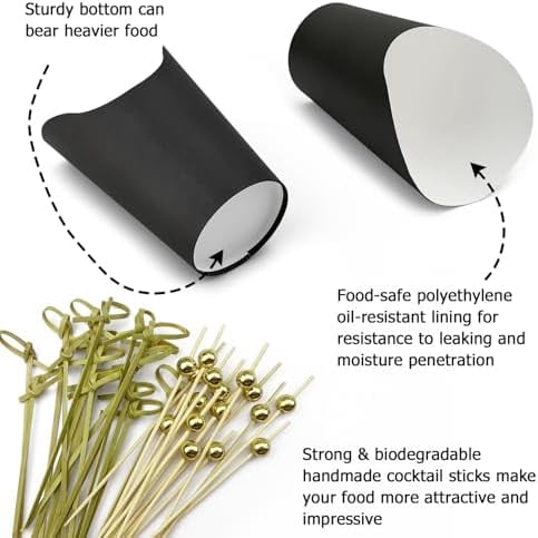 50 Charcuterie Cups + 200 Cocktail Picks + 56 Labels, 12 oz Disposable Charcuterie Cups with Sticks (2 Types), French Fry Cups Brown Paper Appetizer Cups for all Occasions（Black）