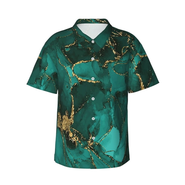 Balery Green Gold Glitter Camisas hawaianas de manga corta para hombre, camisas playeras de corte holgado, camisas de vacaciones con botones,Small