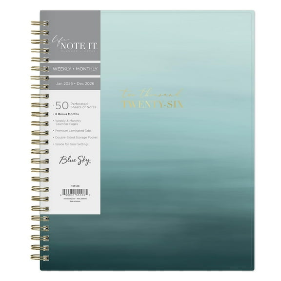 Blue Sky Life Note It 2026 Weekly and Monthly Planner Notes, January 2026 - December 2026, 7" x 9", Flexible Cover, Durable Twin Wire Binding, Storage Pocket, 50 Perforated Notes Sheets, Marina