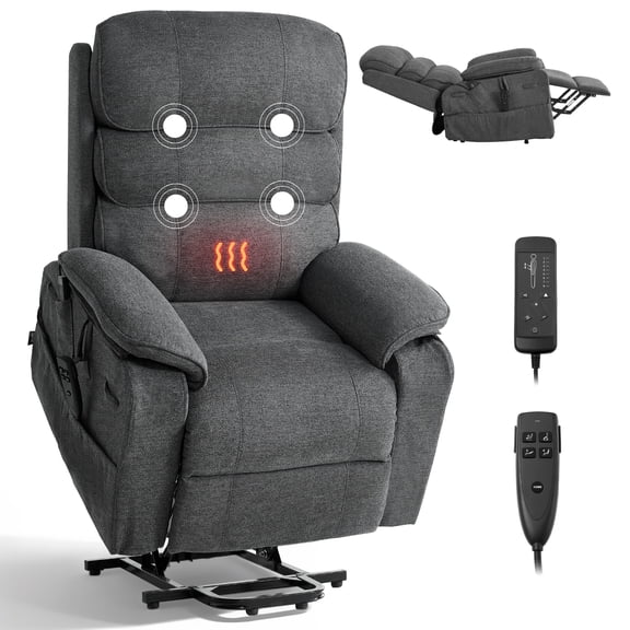 VEVOR Power Lift Recliner Chair, Dual Motor Medium Lift Chair with Heat and Massage for Elderly, Position Adjustable, Remote Control, with Side Pockets, Chenille Fabric, Dark Gray
