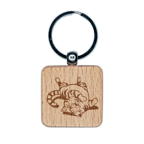 Playful Cat Rolling Around Square Keychain Charm Tag - Engraved Wood