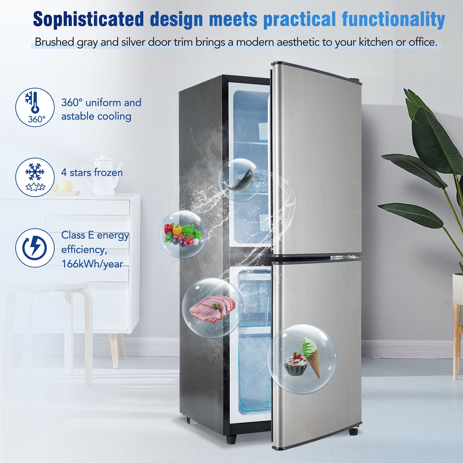 Spaco 3.6Cu.Ft Dual Zone Refrigerator, 2.2+1.4Cu.Ft 4 Star Freezer, 7 Temperature Settings, 45 dB, 166kWh/Year, Brushed Gray Silver Spaco 3.6Cu.Ft Dual Zone Refrigerator, 2.2+1.4Cu.Ft 4 Star Freezer, 7 Temperature Settings, 45 dB, 166kWh/Year, Brushed Gray Silver