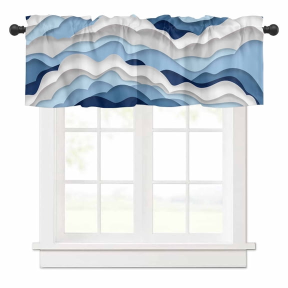 Ocean Waves Valances for Windows Blue White Wave Rod Pocket Curtain Valance Window Treatment Short Curtains for Kitchen Living Room, 54"x18"
