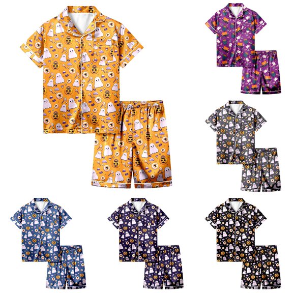 Weebloom Halloween Summer Pajamas For Girls Cute Ghost Outfits 2 Piece Set Short Sleeve Button Down Shirt Shorts Casual Clothes Tween Sleepwear Nightwear Pjs Loungewear 12-13 Years