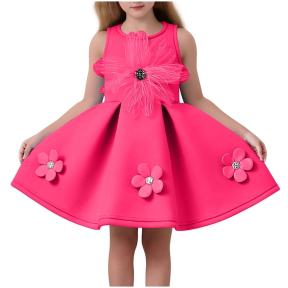 Hot Pink Kids Girl Dress with 3D Flowers, Sleeveless Floral Party Playdate Dress for Little Girls, Twirl-Worthy Easy Pullon Holiday Outfit,Size 9-12 M