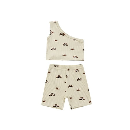 

Nokpsedcb Kids Baby Girls Casual Suit One Shoulder Printed Sleeveless Ribbed Tank Tops + Shorts Summer Outfits Apricot 4-5 Years