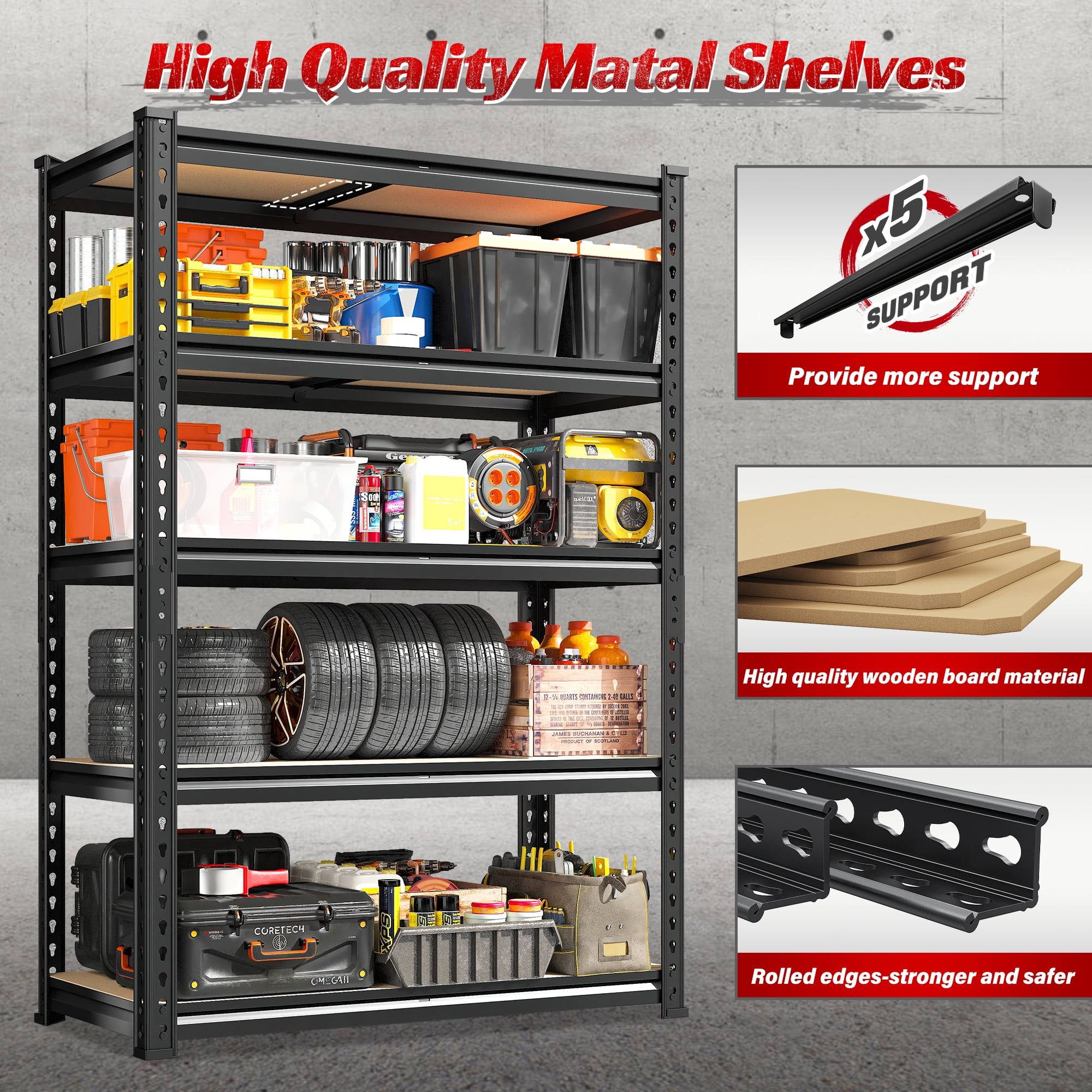 REIBII Set of 2 Storage Shelves Units 5 Tier Adjustable Garage Shelving Heavy Duty 1800LBS Metal Shelving,28"Lx11.8"Wx60"H