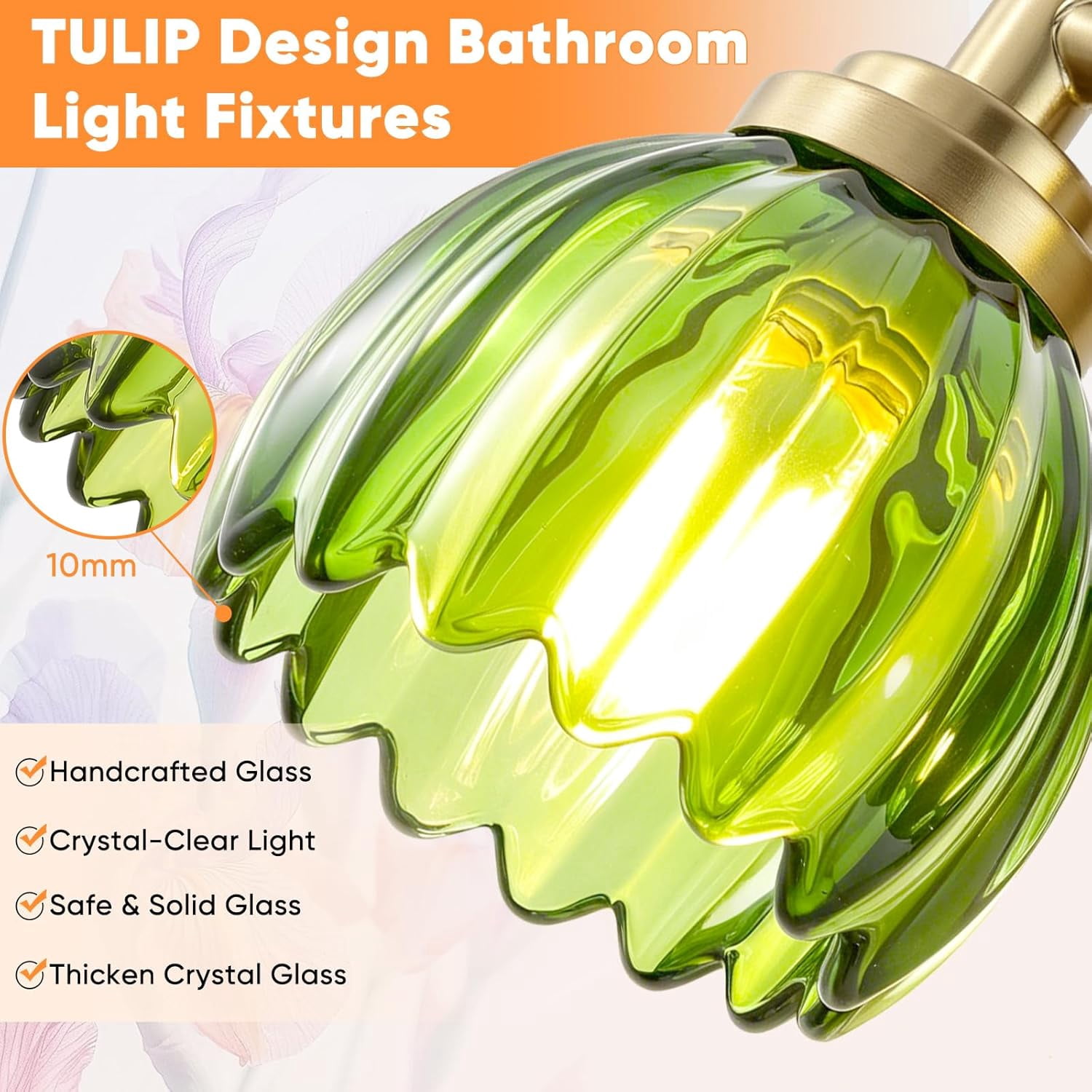 Bathroom Light Fixtures, 3-Light Brushed Gold Vanity Lights for Bathroom with Tulip Green Glass Shade, Bathroom Vanity Lighting Over Mirror, Gold Wall Lamps for Bedroom, Living Room, Hallway