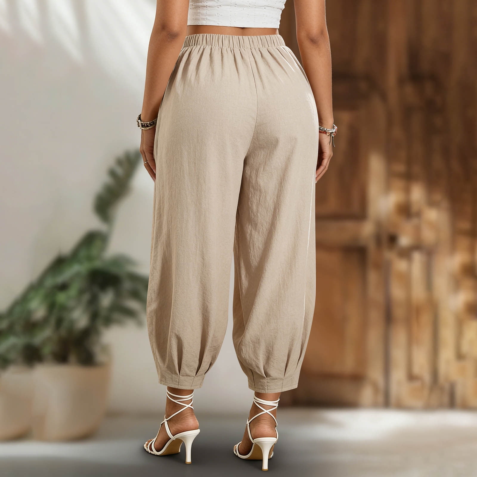 Zedker Pants for Womens 100% Cotton Linen Elastic High Waisted