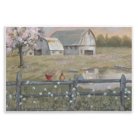 Stupell Industries Blossoming Trees Birds Perched Country Farm Fence Painting Unframed Art Print Wall Art, Design by Pam Britton