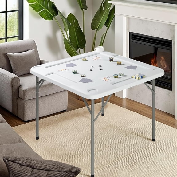 35" Mahjong Table, Domino Folding Square Tables Set Suitable for Indoor Outdoor Game, Card Poker & Puzzle with 4 Cup Holder and Chip Trays, Adults, White