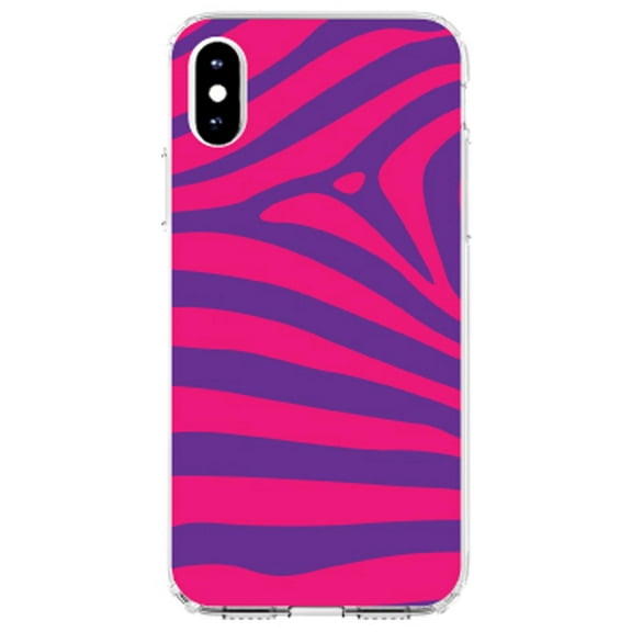 DistinctInk Clear Shockproof Hybrid Case for iPhone XR (6.1" Screen) - TPU Bumper, Acrylic Back, Tempered Glass Screen Protector - Purple Hot Pink Zebra Skin Stripes
