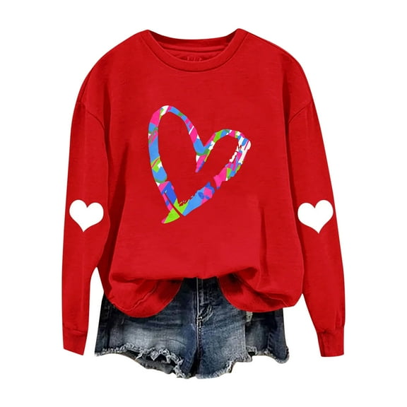 Women's Long Sleeve Tops Valentines Day Holiday Outfits Crewneck Sweatshirts Love Hearts Print Pullover Loose Fit (XL, Red 04)