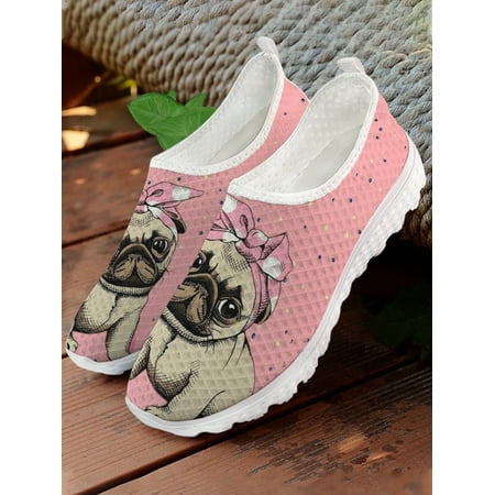 Cute Pug Loafers Pink Wave Dot Design Cartoon Pet Dog Print Slip On Shoes Summer Comfortable Breathable Shoes