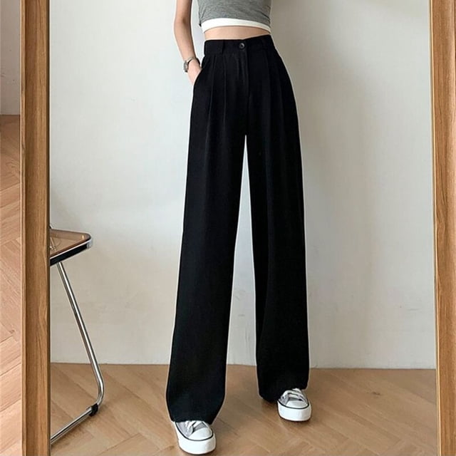 Lucyever primavera verano mujer pantalones de pierna ancha sueltos de cintura alta pantalones casuales mujer estilo coreano sólido Oficina Pantalones rectos Tan Jianjun unisex
