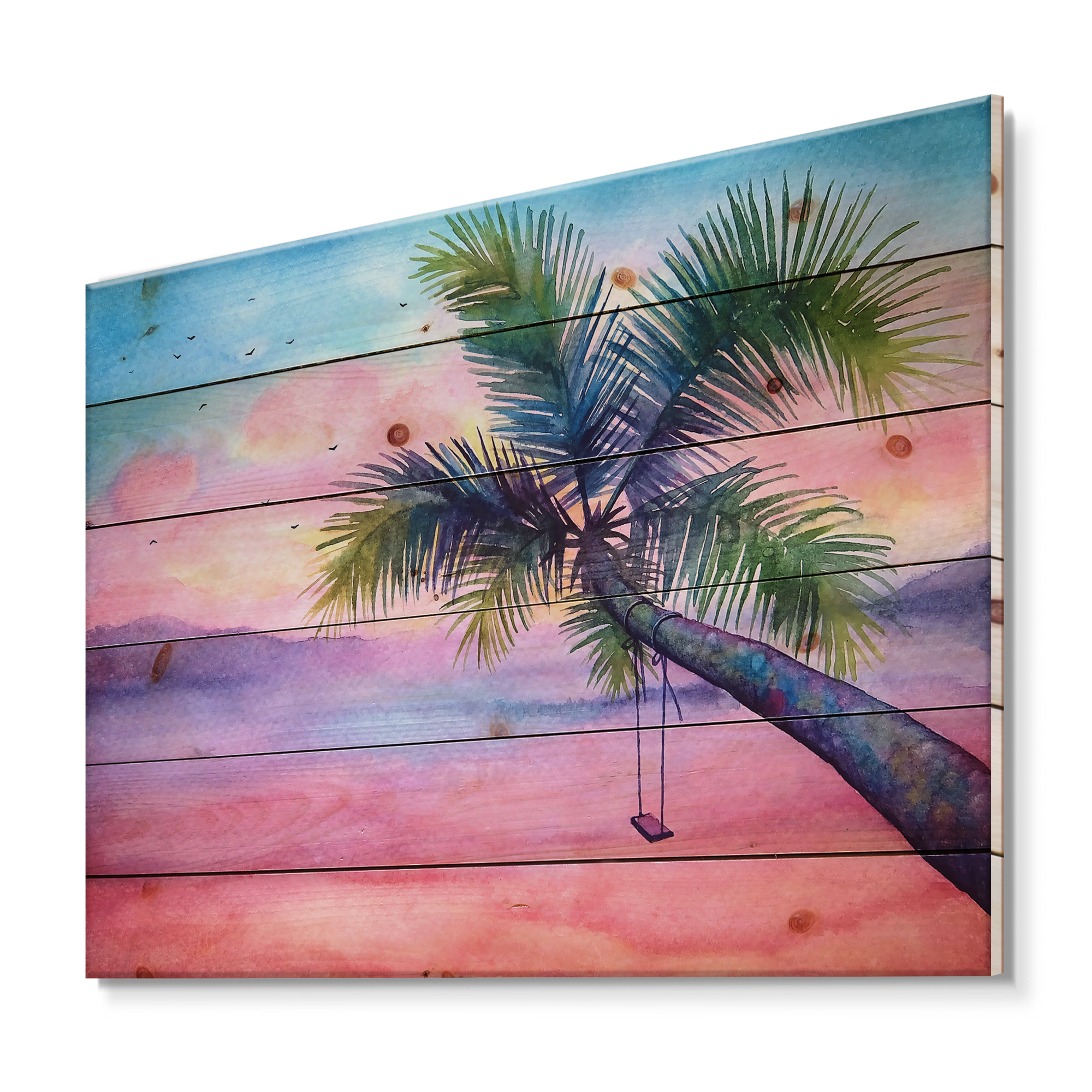 Designart 'Vivid Sunset Landscape With Swing and Palm' Nautical & Coastal Print on Natural Pine Wood