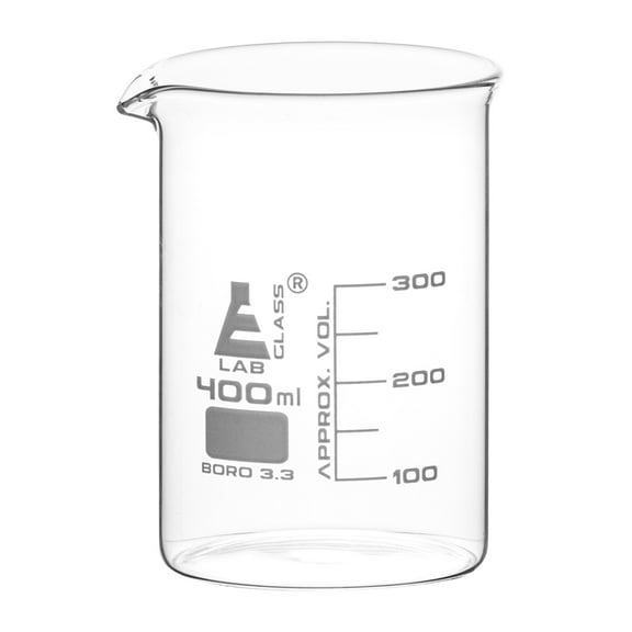 Beaker, 400ml - Low Form with Spout - White, 50ml Graduations - Borosilicate 3.3 Glass - Eisco Labs