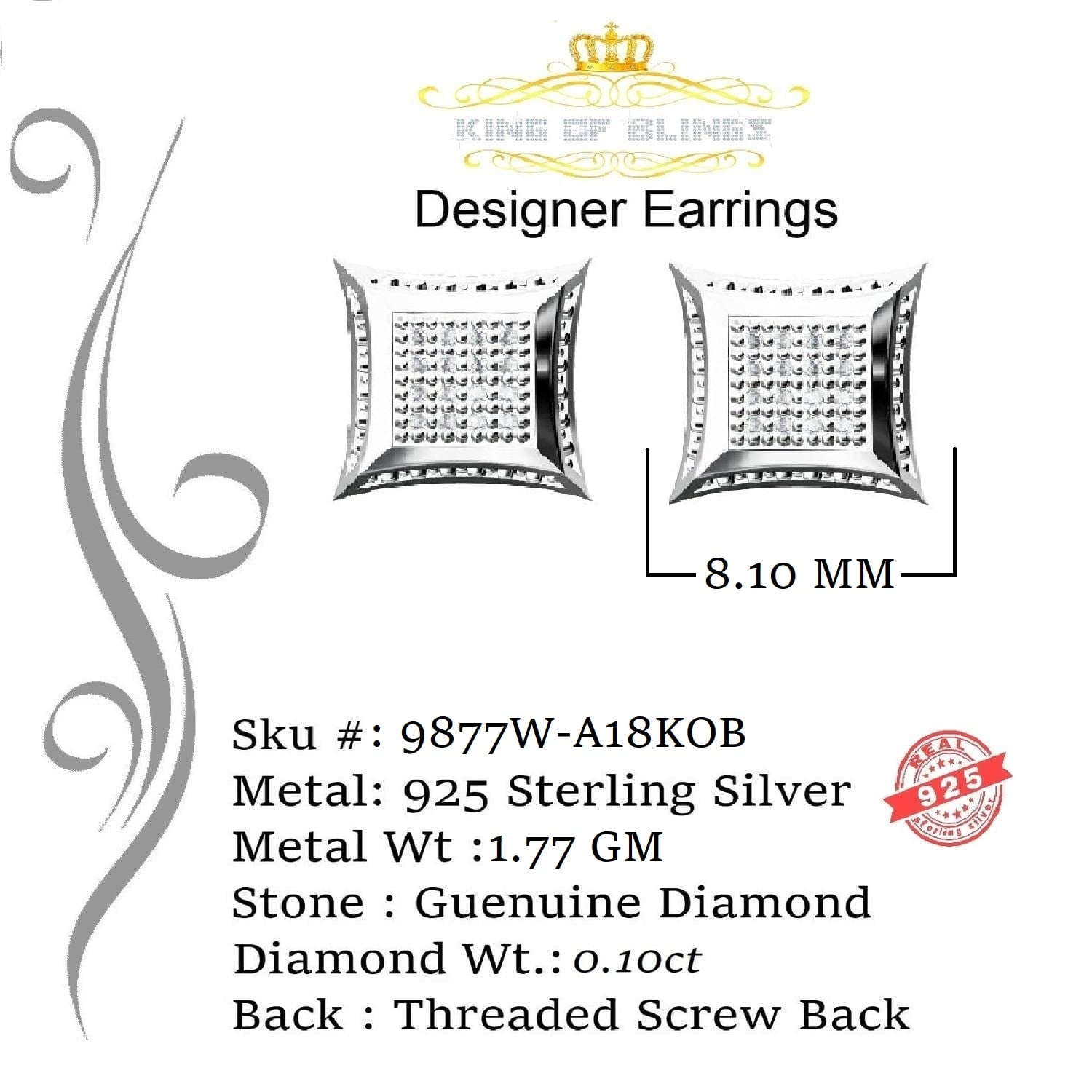 King of Bling's 925 Sterling Silver 0.10ct Diamond Small For Women's & Men's White Kite Earring