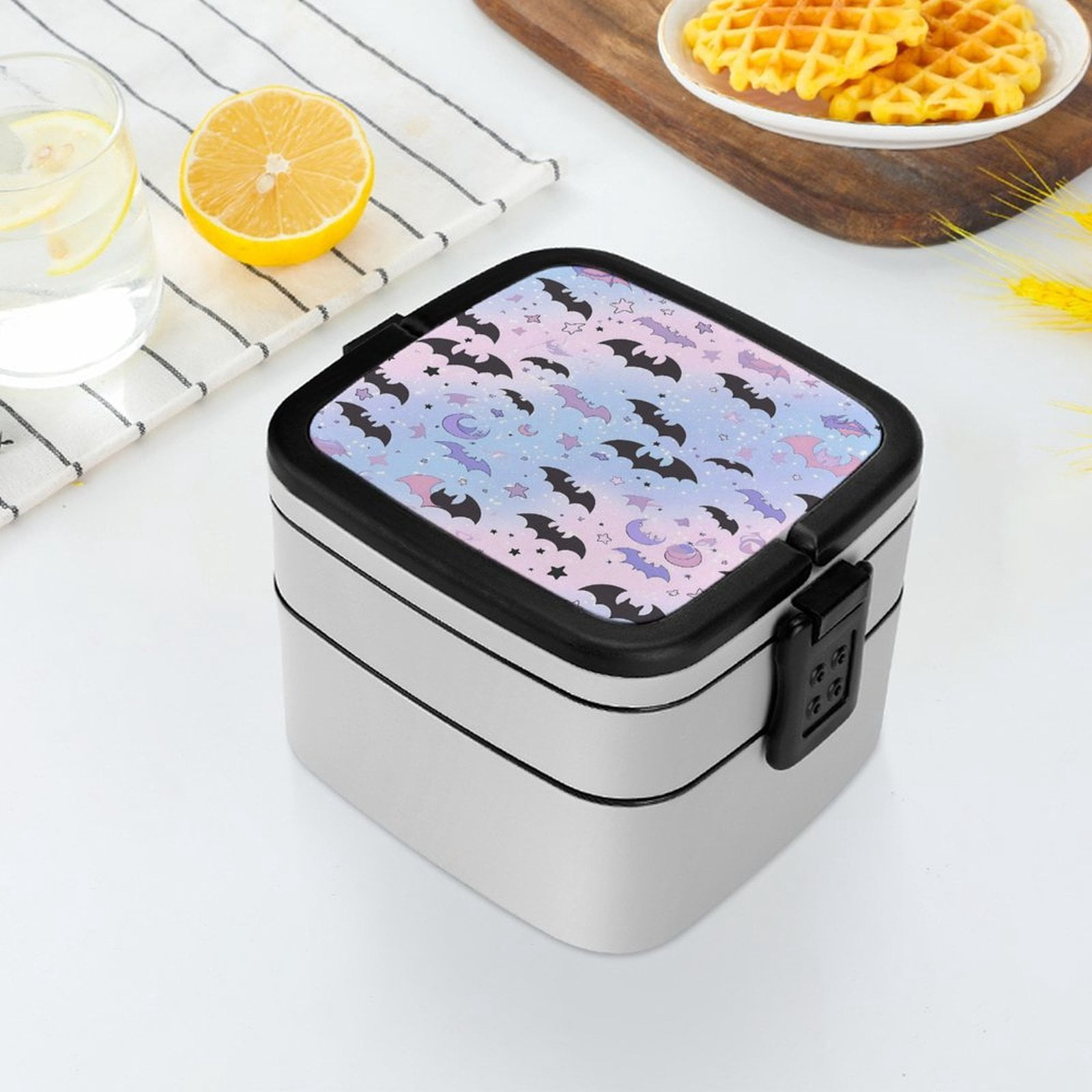 5.3×4.3in Double-Layer Bento Box Sealing Leakproof Partition Design Buckle Design Convenient Switch With Handle The Black And Purple Flying Bats in The Sky