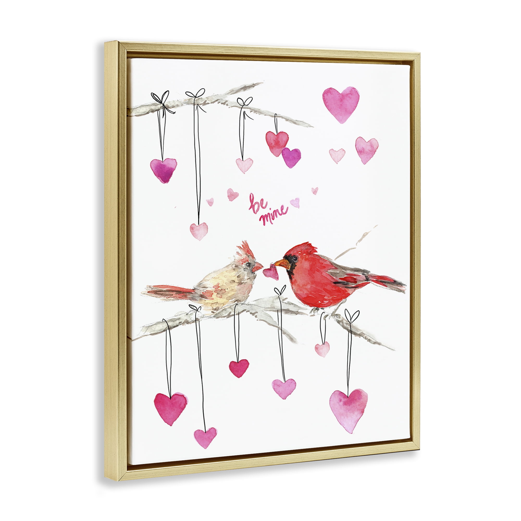 Stupell Industries Be Mine Cardinals Holiday Painting Gold Floater Framed Art Print Wall Art, 17 x 21