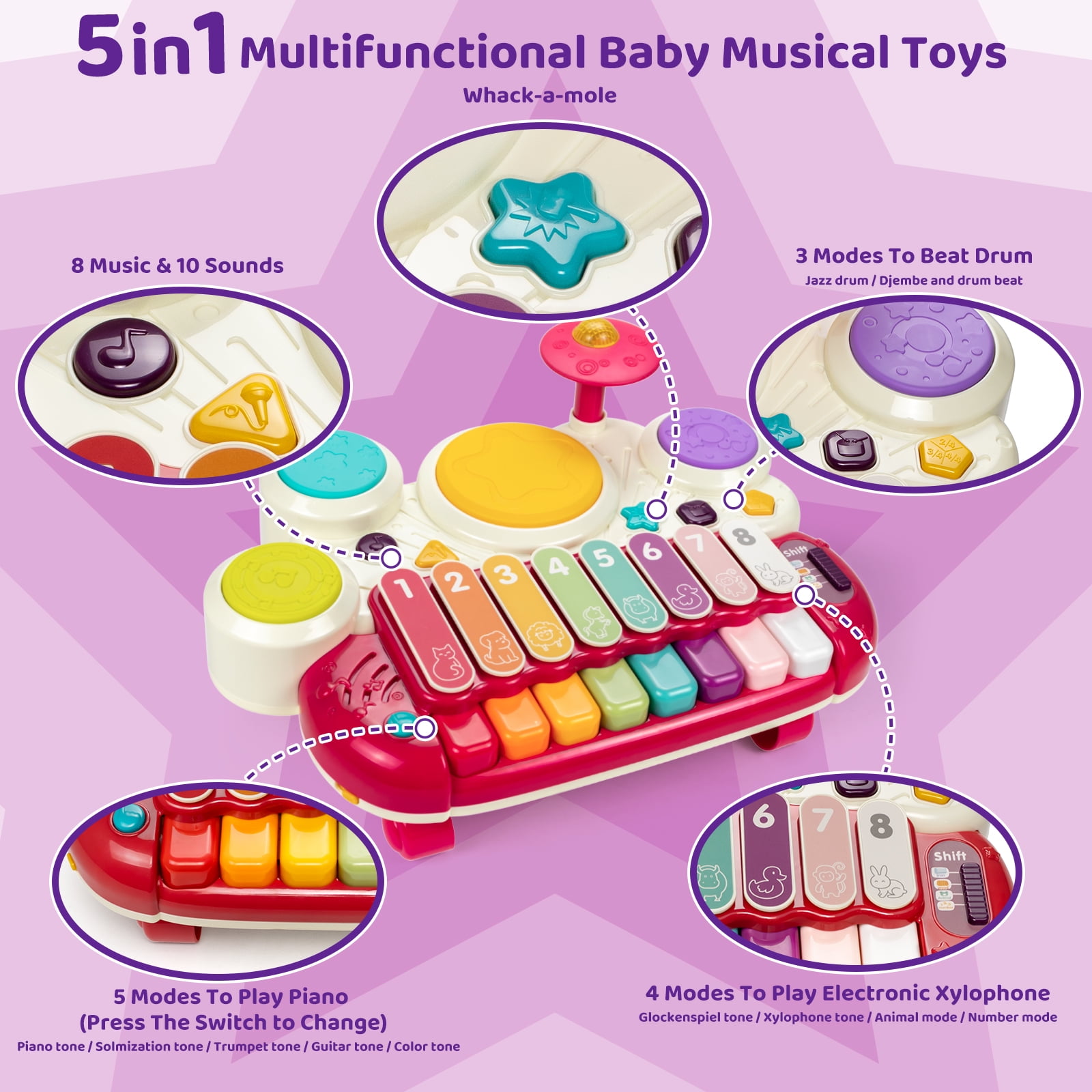 Marstone Baby Toys for 1 Year Old Birthday Gift, 5 in 1 Musical Toys for Toddler 1-2 with Piano, Xylophone, Whack a Mole, Drum Set, Sound and Music
