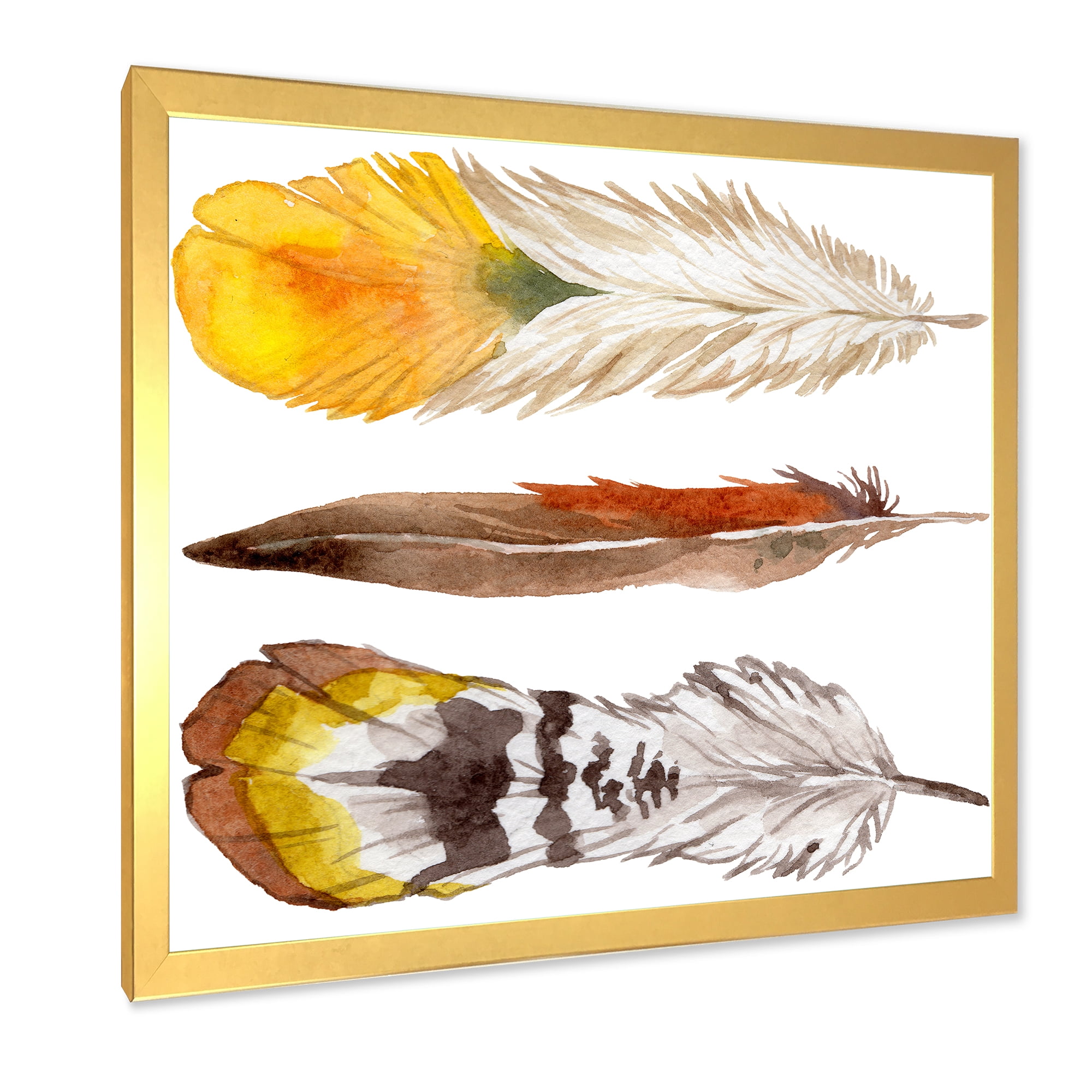 Designart 'Ethnic Yellow Feather From Wing On White' Bohemian & Eclectic Framed Art Print