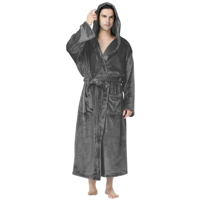 Penkiiy Mens Hooded Robe,Plush Robes for Men,Soft Warm Fleece Bathrobe Shower Spa Long Robe With Pockets Dark Gray