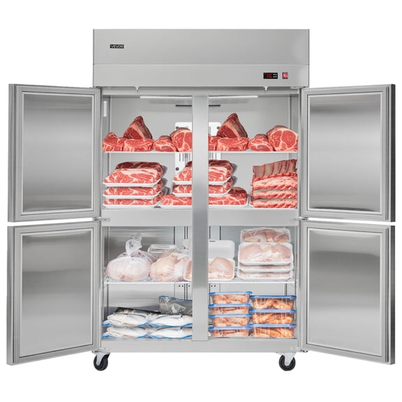 VEVOR Commercial Reach-In Freezer, 48" W, 33 Cu.Ft Stainless Steel Upright Freezer, with 4 Doors, Auto-Defrost, 6 Adjustable Shelves, -11 to 14℉ Temp Control, UL Certified