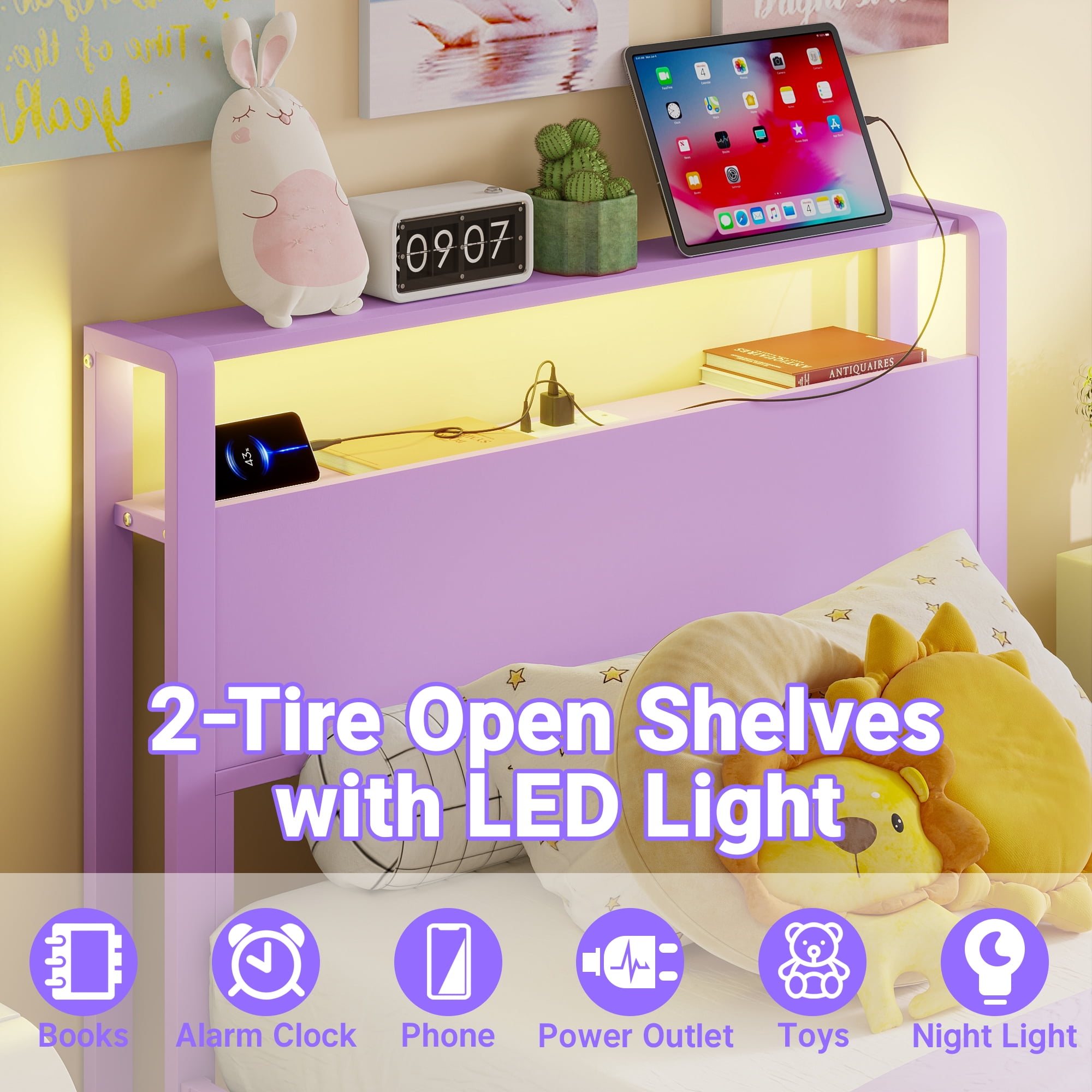Yoneston Power Outlet LED Light Twin Metal Platform Bed Frame with 2-Tier Storage USB Charging Station Headboard for Kids Girls Teens Child, Purple