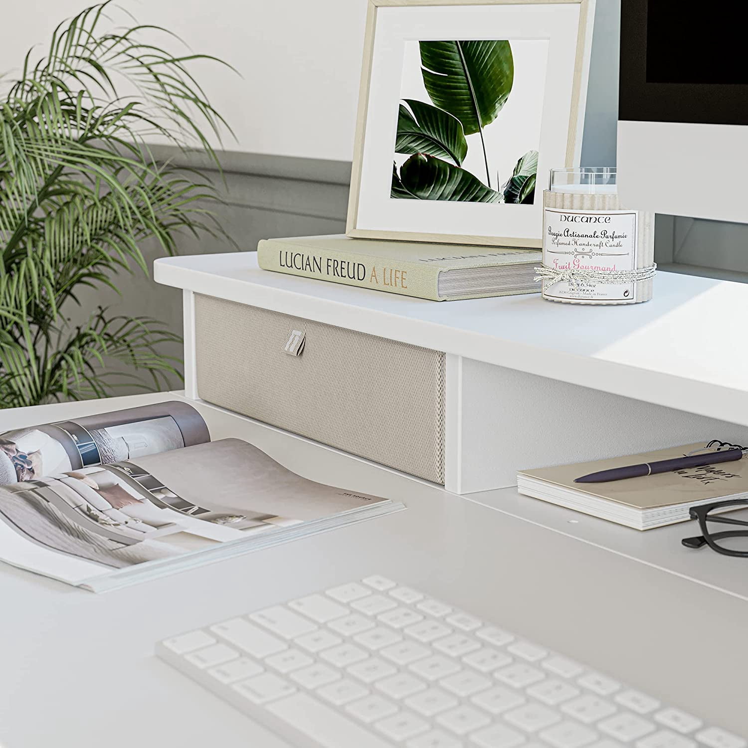 FEZIBO 48 x 24 Inch Height Adjustable Electric Standing Desk with 4 Drawers, Stand Up Table with Storage Shelf, Sit Stand Desk with Splice Board, White Frame/White Top