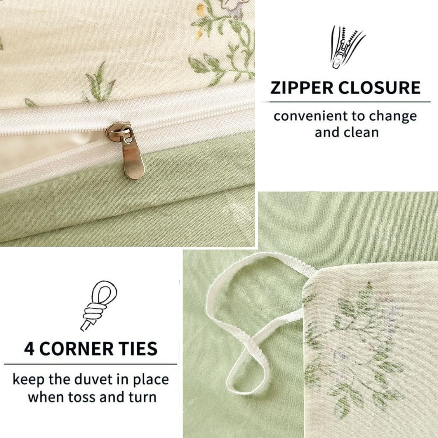 Nayoroom 100% Organic Cotton Duvet Cover Set, 3 Pieces White with Green Leaves Pink Flowers Pattern Reversible Soft Bedding Set King