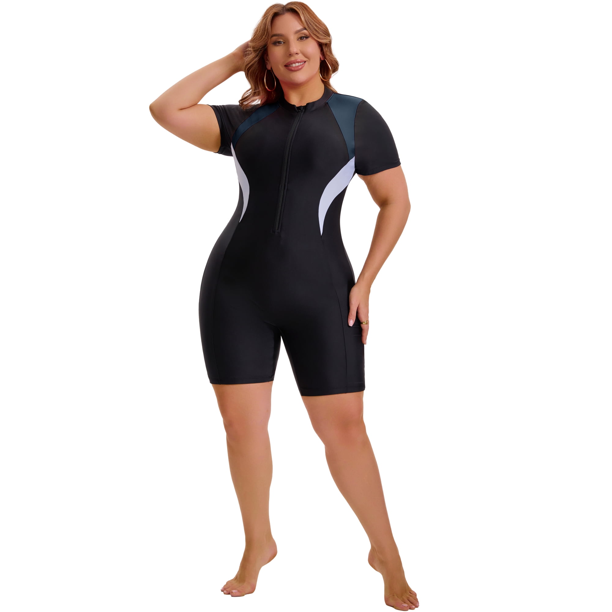 DARING DIVA Women's Plus 1pc Bathing Suit with Short Sleeves and Zipper 3X Black