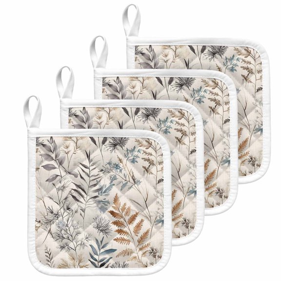 Farmhouse Leaves Pot Holders for Kitchen Heatproof Potholder, 4 Pack Pastoral Vintage Flowers Botanical Hot Pads Multipurpose Oven Pads Cloth Potholders Trivet for Cooking and Baking