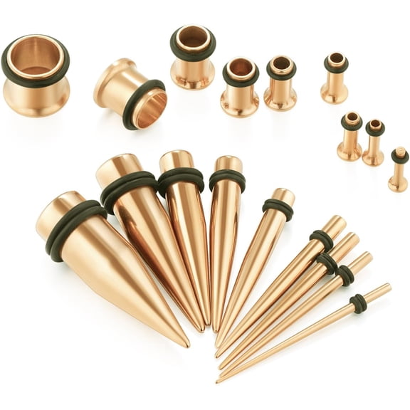 14G-00G 36 pcs Ear Gauges Stretching Kit Tapers Plugs Eyelets Implant Grade Steel Rose Gold