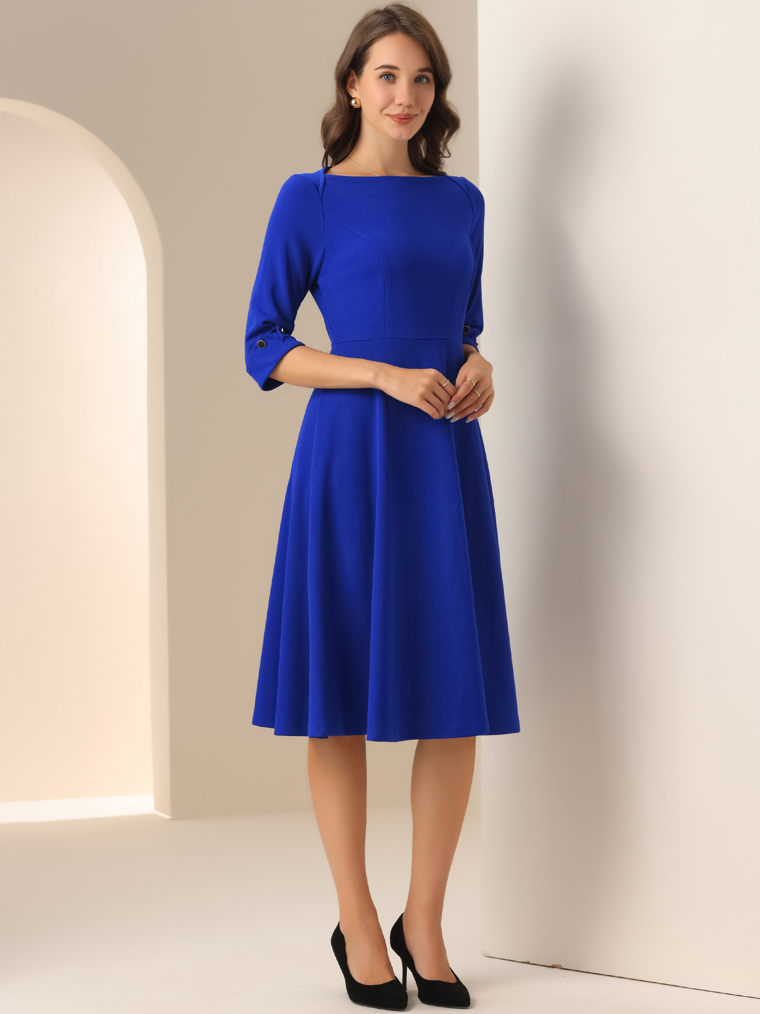DARING DIVA Elegant Boat Neck Wear to Work Dress XS Royal Blue