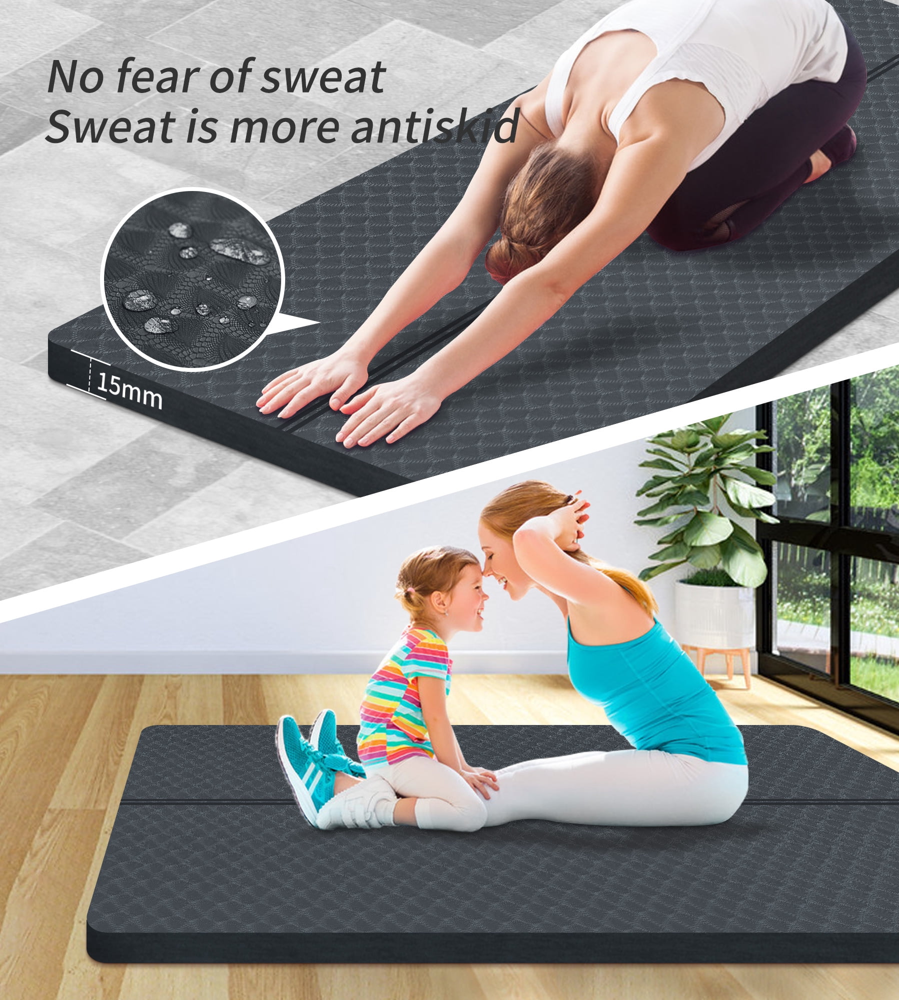 Extra Thickened 15mm Exercise Mat (72" x 32") for Men & Women Non Slip with High Density Large Shock Absorber Pad for Home Gym Travel & Floor Outside Fitness in Grey