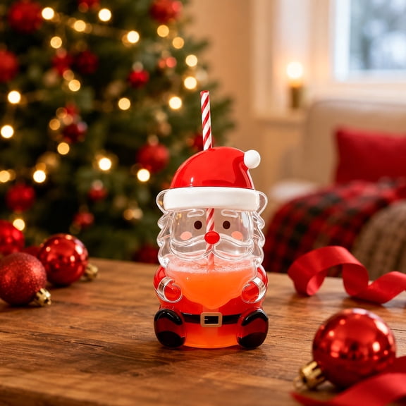 Christmas Santa Claus Glass Cup with Straw Holiday Tumbler for Festive Drinks Xmas Party Favors & Stocking Stuffer for Kids Adults